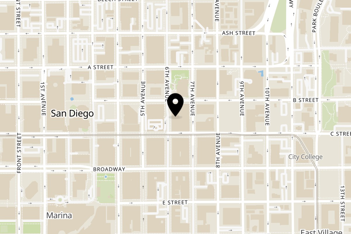 Map showing the location of Ali's Chicken & Waffles Sixth Ave on 1139 Sixth Ave in San Diego