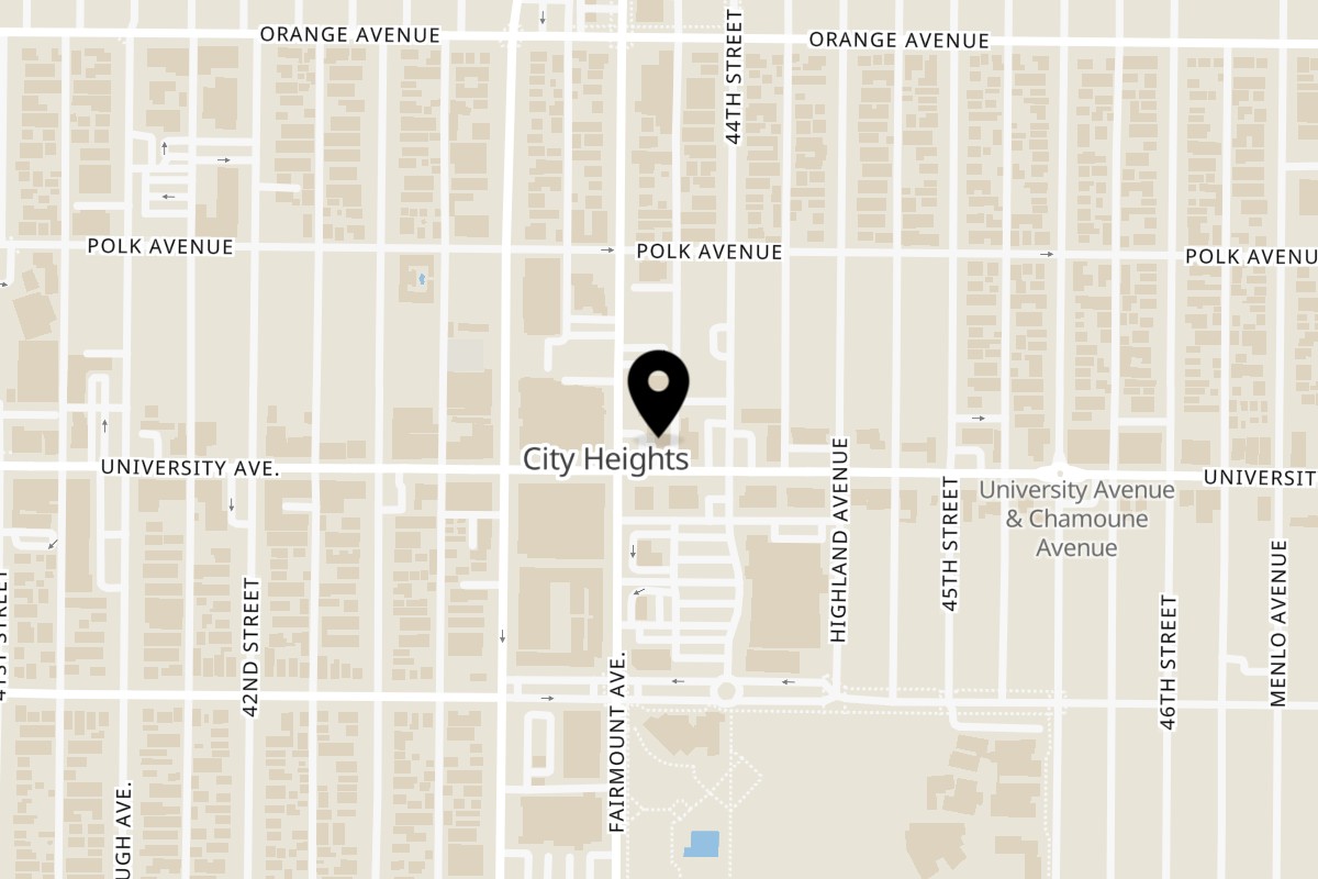 Map showing the location of Ali's Chicken & Waffles University Ave on 4350 University Ave in San Diego